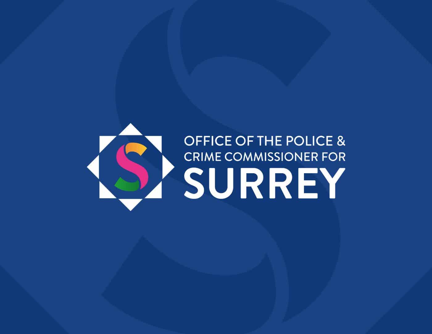 logo of the Office of the Police and Crime Commissioner for Surrey on deep blue background