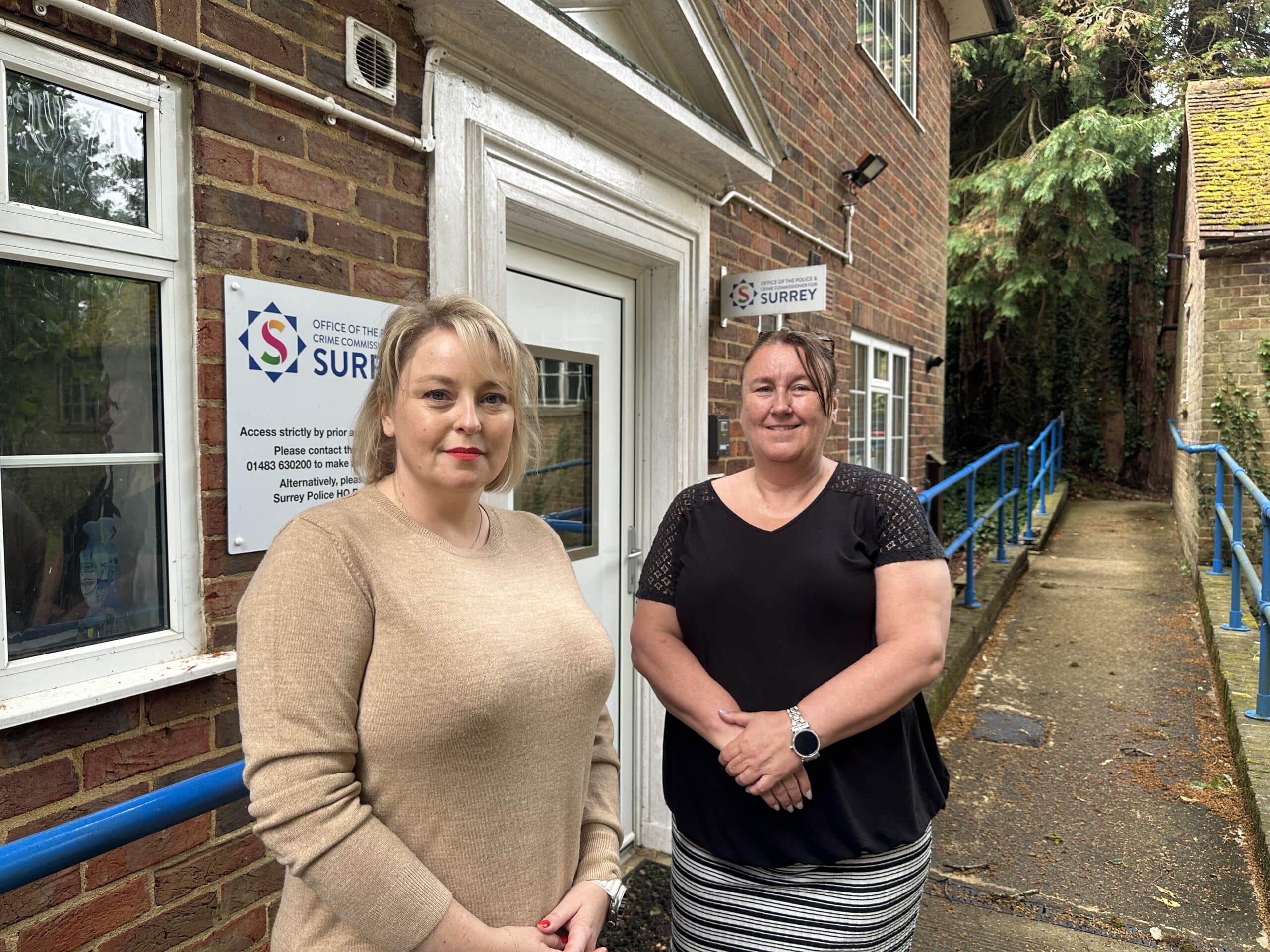 Police and Crime Commissioner Lisa Townsend standing outside office with Surrey Police Head of ASB and Partnerships Joanna Grimshaw