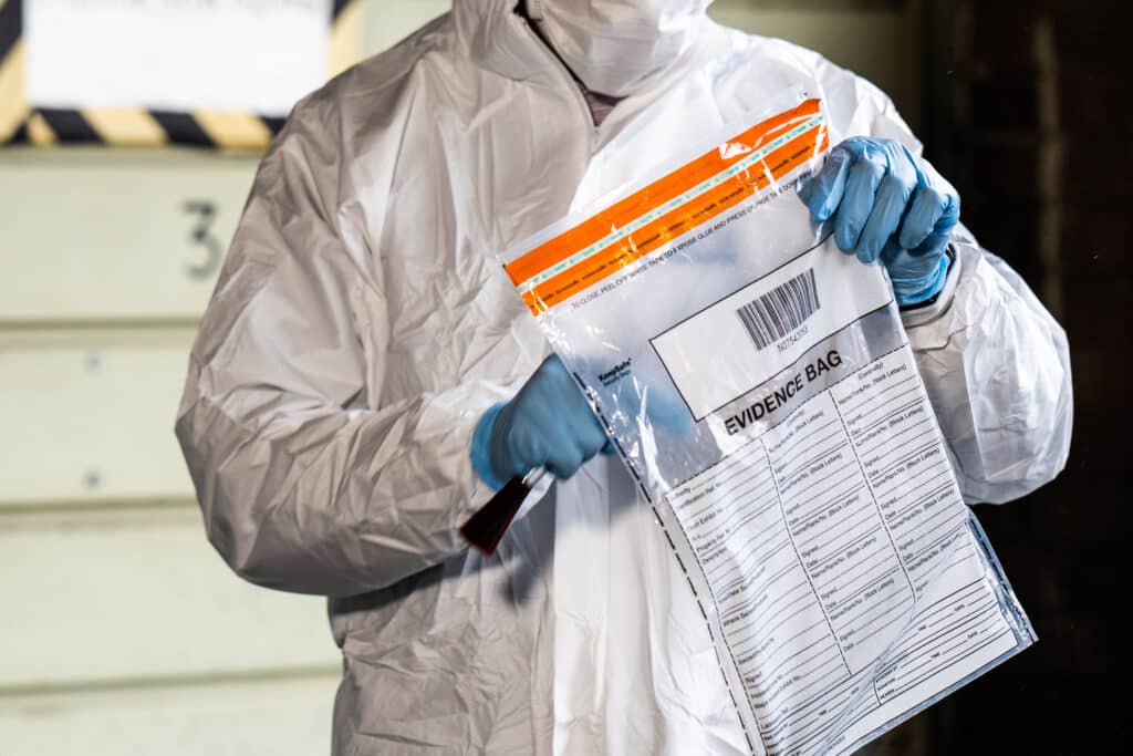 Image shows a person in a mask, a white disposable overall and blue gloves holding a plastic evidence bag